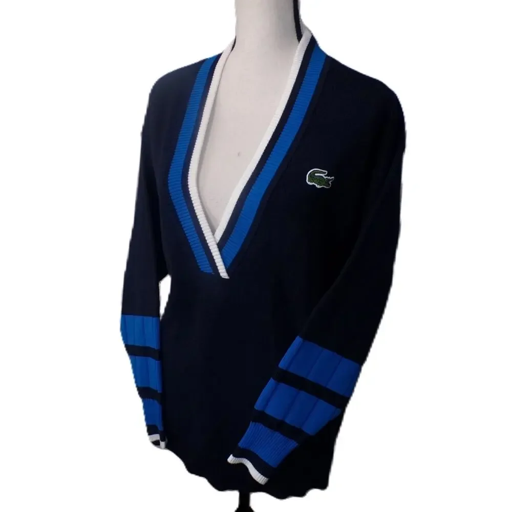 Lacoste V Sweater M Oversized Navy Color Block Tennis Jumper Big Alligator - Picture 4 of 16